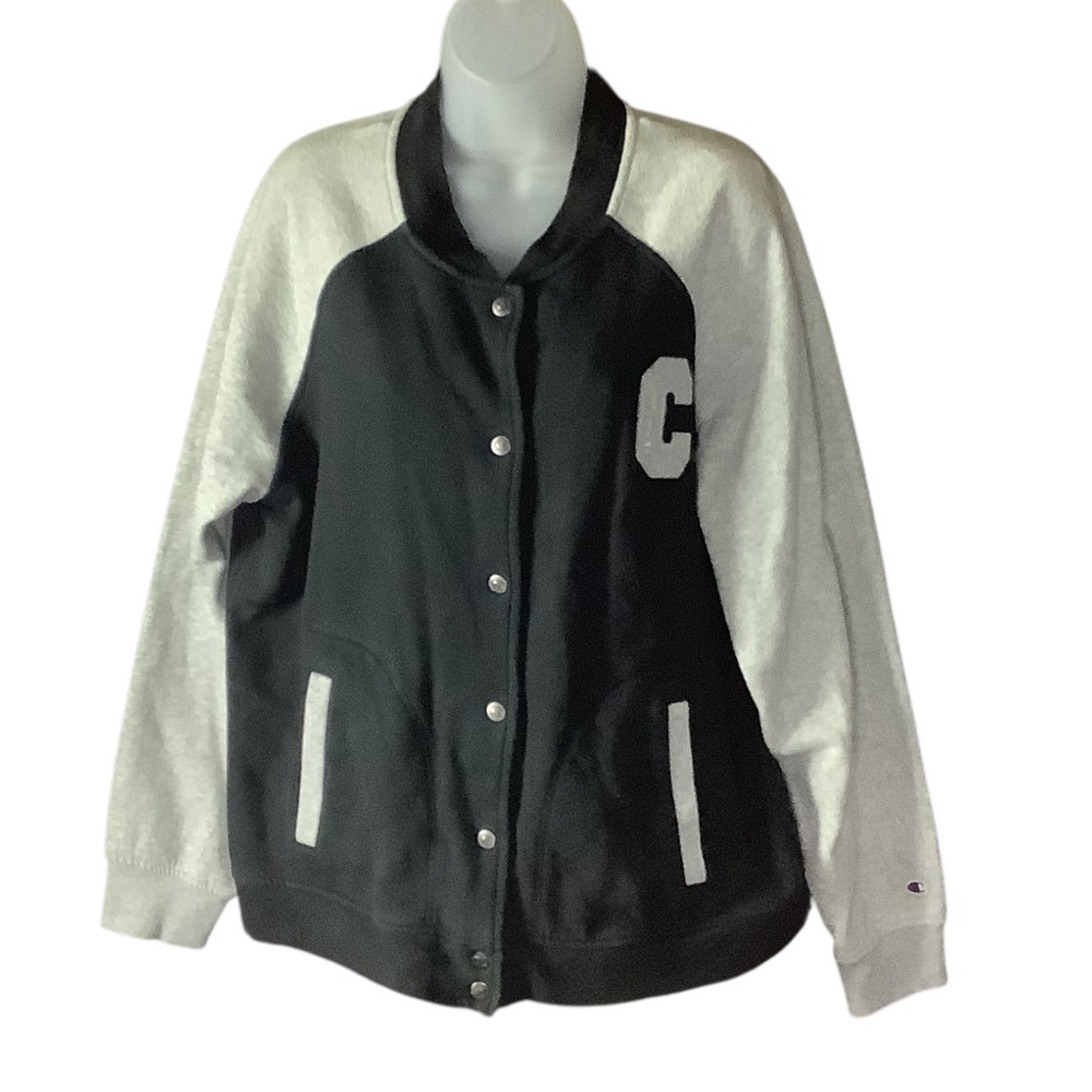 Champion Women Varsity Jacket Black Gray Chenille C Logo‎ Athletic XL